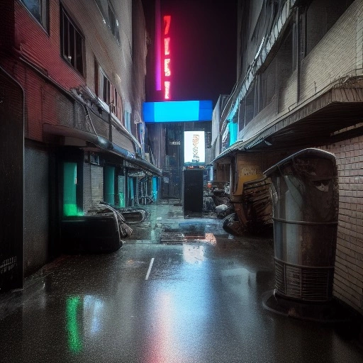 00952-1590229160-a photo of a cyberpunk intersection, on a wet night, with alleyways, dumpsters, bins, fire escapes, a loading dock, neon, trash,.webp